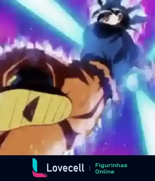 Goku no seu Ultra Instinct lança um poderoso Kamehameha, criando uma esfera de energia explosiva. A ação intensa é visível em cada frame.