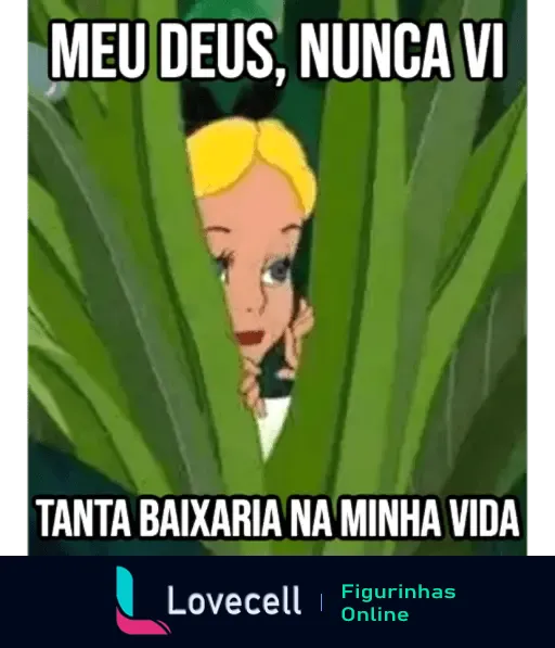 Cena de desenho animado com personagem loira escondida atrás de folhas, com a frase 'Meu Deus, nunca vi tanta baixaria na minha vida' no topo e na parte inferior.