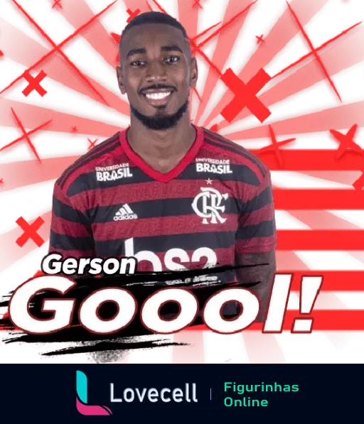 Gerson, jogador do Flamengo, comemorando gol, vestindo uniforme do clube sobre fundo vermelho com linhas radiais e a palavra 'Gooooool!' em destaque