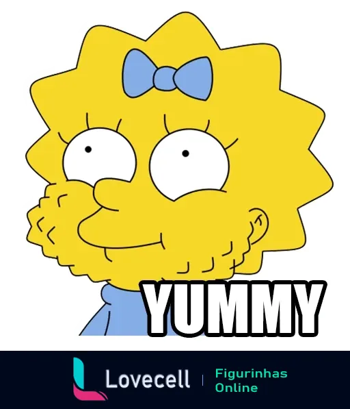 Maggie Simpson com expressão encantada e sorrindo, palavra 'YUMMY' acima, indicando reação a algo delicioso