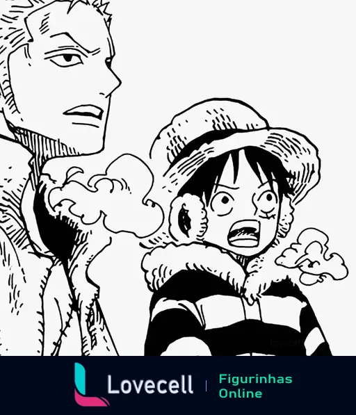 Luffy com Zoro - One Piece. Zoro tem uma expressão séria e Luffy está animado com um chapéu, ambos emanando vapor.