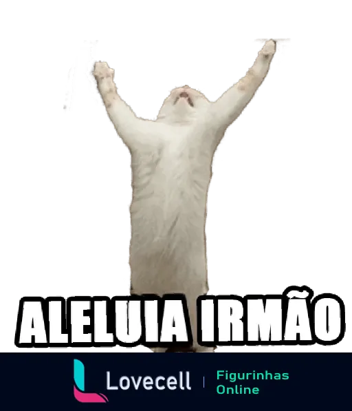 Figurinha de gato branco com patas levantadas celebrando, com texto 'ALELUIA IRMÃO' na parte superior e expressão de contentamento