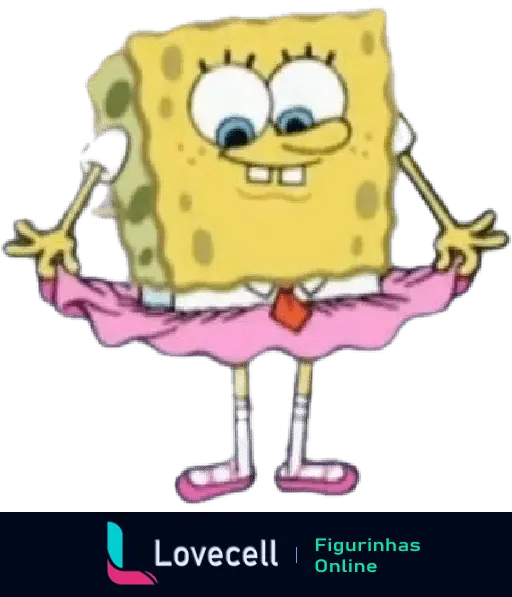 Bob Esponja com um sorriso curioso, vestindo uma saia rosa enquanto levanta as mãos. Personagem do desenho animado Bob Esponja Calça Quadrada.