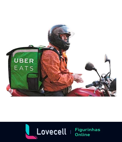 Figurinha de WhatsApp mostrando entregador da Uber Eats de capacete e jaqueta laranja, sentado em moto vermelha com mochila grande, pronto para entrega