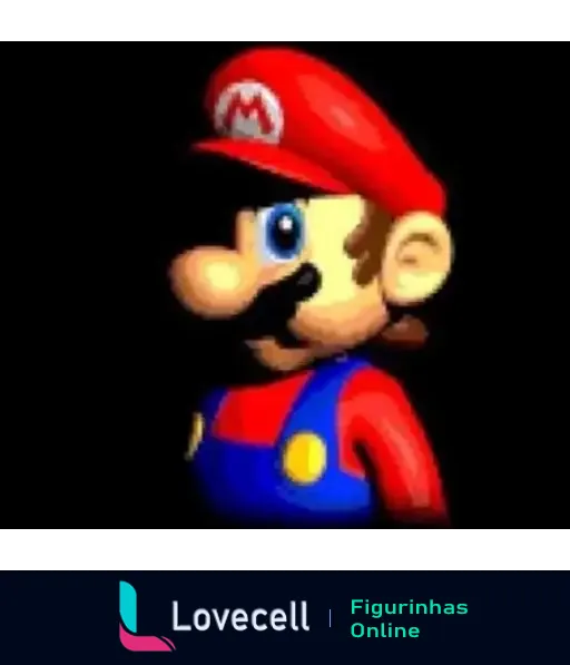 Imagem do personagem clássico Mario, de perfil, com boné vermelho com a letra 'M'. Está vestido com camisa vermelha e macacão azul. Tags: Mario Clássico, jogo de videogame.