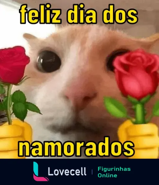 Gato branco e laranja com olhos arregalados segurando rosas vermelhas com texto 'feliz dia dos namorados', ideal para comemorar a data especial.