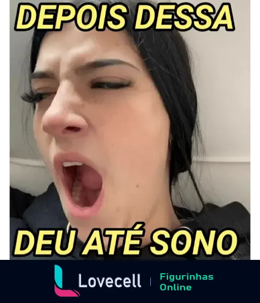 Pessoa bocejando com a boca bem aberta e olhos meio fechados. Texto na imagem: 'Depois dessa deu até sono'.