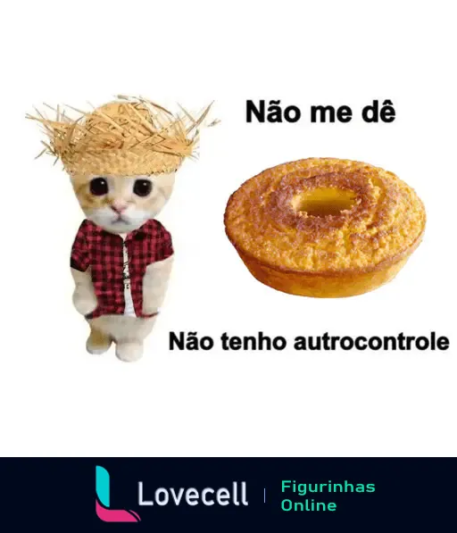 Gato de chapéu de palha e camisa xadrez pedindo para não receber bolo de fubá devido à falta de autocontrole - tema festa junina