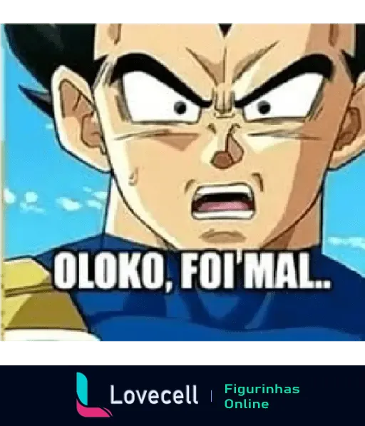 Personagem de Dragon Ball Z com expressão surpresa e a frase 'Oloko, foi mal' em destaque.