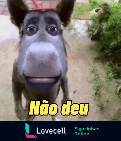 Imagem de um burro com expressão de olhos arregalados e o texto 'Não deu' em amarelo no rodapé, sugerindo frustração ou insucesso. Meme humorístico.