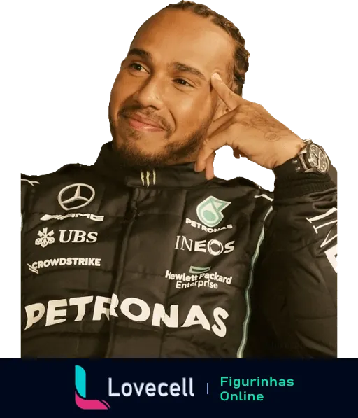 Lewis Hamilton pensativo, vestindo uniforme da Mercedes-AMG Petronas com patrocínios da UBS e Hewlett Packard, em momento de reflexão.