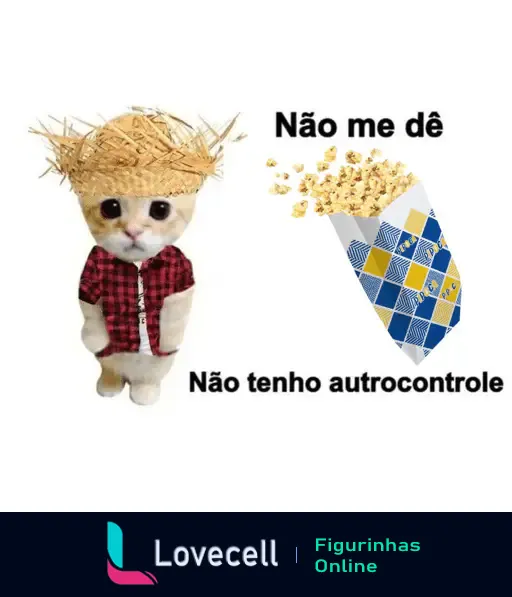 Gato com chapéu de palha e roupa de festa junina querendo pipoca, mas sem autocontrole.