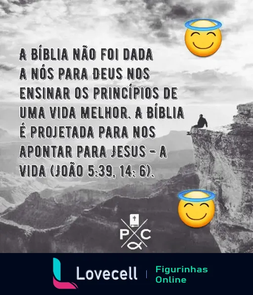 Figurinha com mensagem evangélica, ilustrando que a Bíblia nos aponta para Jesus, com referências João 5:39 e João 14:6. Fundo com paisagem montanhosa.