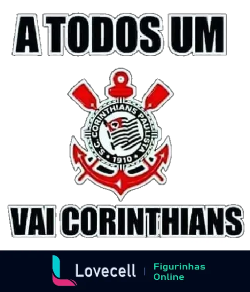 Emblema do Sport Club Corinthians Paulista com frase 'A TODOS UM VAI CORINTHIANS' em preto e branco