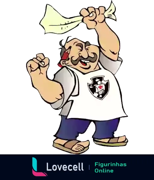 Torcedor do Vasco da Gama comemorando, segurando papel e vestindo camiseta branca com escudo do clube e calça jeans, expressando alegria e entusiasmo