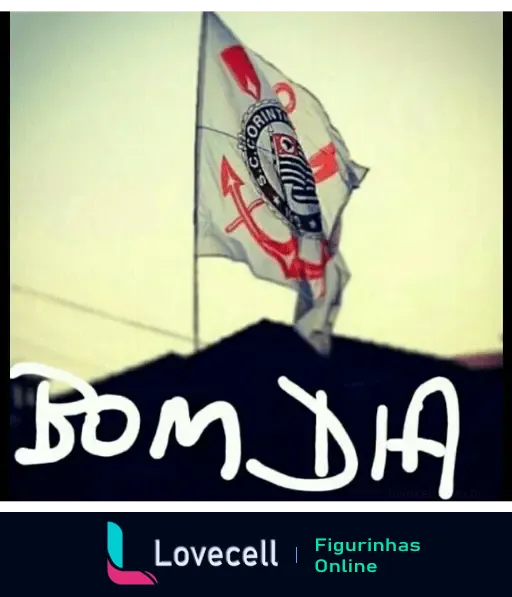 Figurinha de bom dia com bandeira do Corinthians ao fundo, destacando o símbolo do time sobre um fundo claro.