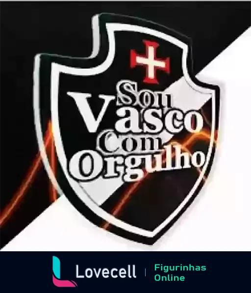 Figurinha do WhatsApp mostrando o escudo do Vasco da Gama com a frase 'Sou Vasco com Orgulho' e efeito de chamas ao fundo, simbolizando paixão pelo time