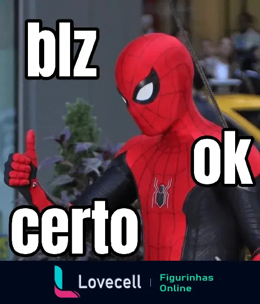 Imagem do Homem-Aranha fazendo um gesto de aprovação com o polegar para cima, com as palavras 'blz', 'ok' e 'certo' do pacote MEMES DO HOMEM ARANHA