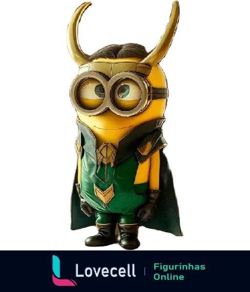 Minion vestido como Loki dos Vingadores, com elmo de chifres e traje verde, da coleção MINIONS - Heróis e Vilões.