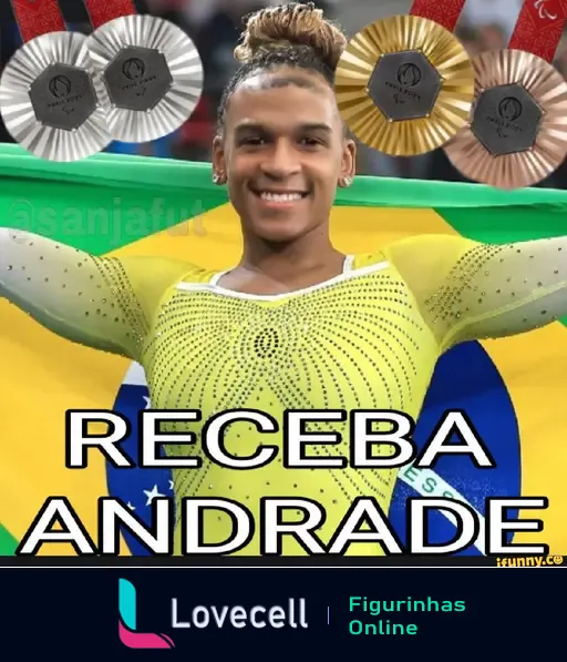 Atleta brasileiro comemorando com a bandeira do Brasil, rodeado por medalhas de ouro, prata e bronze, com o texto 'RECEBA ANDRADE' em destaque.