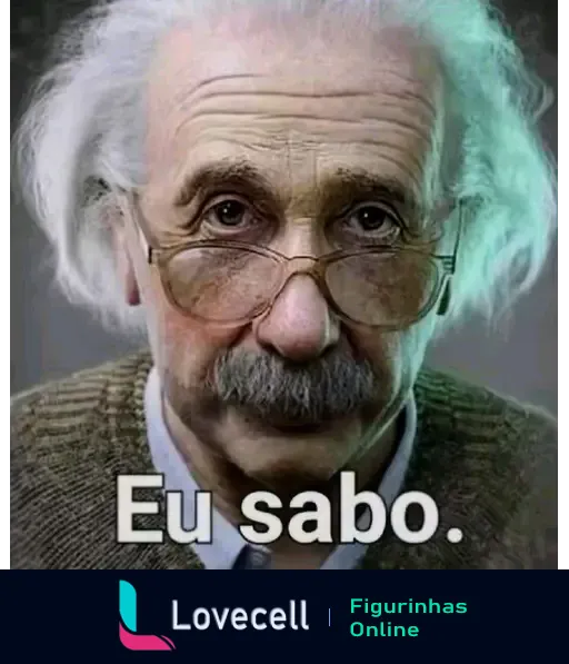 Imagem de uma figura com um homem de cabelo branco e óculos, sentado em um sofá. Abaixo, está escrito 'Eu sabo.' Título: 'Eu sabo. - Einstein'.