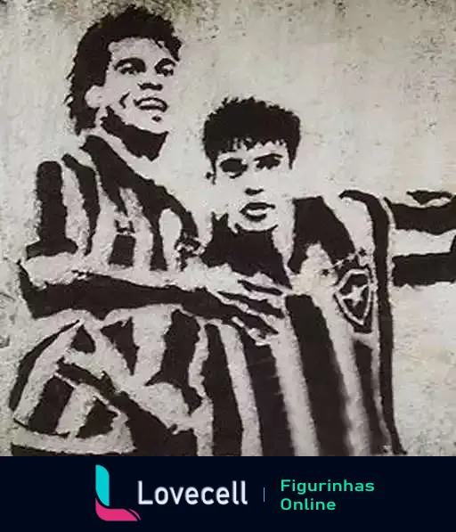 Dois jogadores do Botafogo comemorando gol com braços estendidos e expressões de alegria, arte estilizada em preto e branco com efeito de grafite