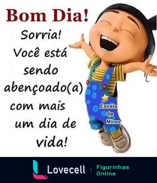 Figurinha de WhatsApp com personagem animado sorridente usando macacão azul com estrelas, braços abertos e texto 'Bom Dia! Sorria! Você está sendo abençoado(a) com mais um dia de vida!' intitulada 'Estrela de Minas'