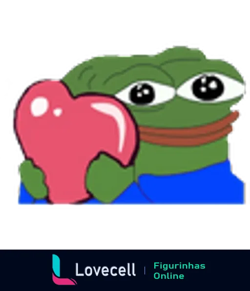 Figurinha do famoso emoji nerds Pepe segurando um coração rosa, com um semblante emotivo e terno. Ideal para expressar amor.