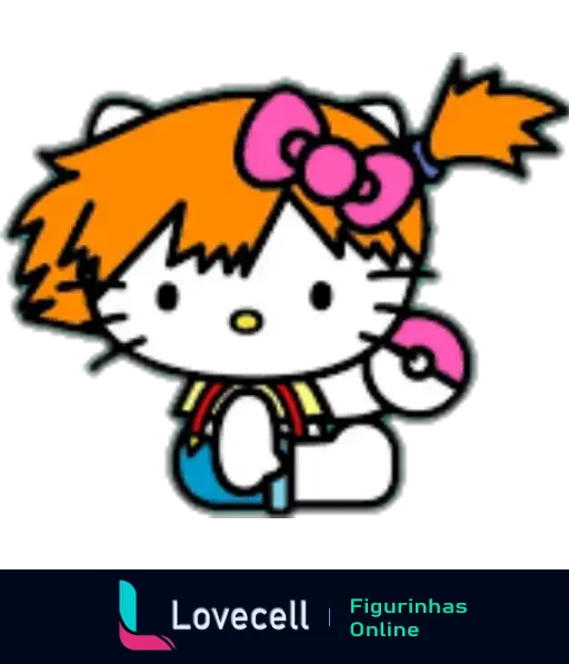 Hello Kitty vestida de Misty, com cabelo laranja e laço rosa, segurando uma pokébola em um estilo de arte colorido e divertido.