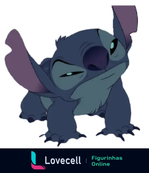 Stitch, o personagem de Lilo & Stitch, fazendo uma careta engraçada e desconfiada com orelhas levantadas.