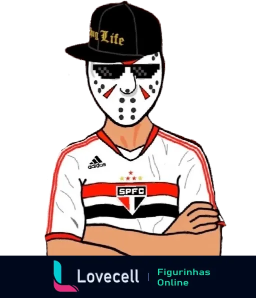 Figurinha de personagem com máscara de Jason Voorhees e camisa do São Paulo Futebol Clube, usando chapéu com inscrição 'Thug Life'