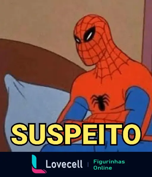 Imagem divertida do Homem Aranha com expressão de desconfiança e texto 'Suspeito', ideal para memes e reações.