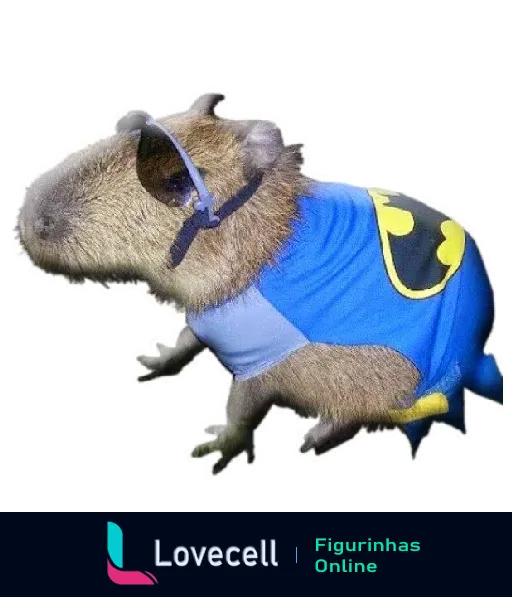 Capivara usando fantasia do Batman azul com símbolo, e óculos de sol estiloso. Perfeito para admiradores de capivaras e heróis.