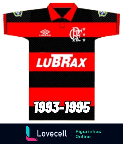 Figurinha da camisa clássica do Flamengo de 1993-1995, listrada em vermelho e preto, com patrocínio da Lubrax e logo da Umbro, escudos do Flamengo e da CBF nas mangas