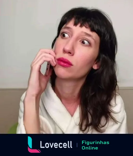 Tina com cabelo preto e franja, vestida de roupão branco, falando ao telefone pensativamente enquanto olha para cima com expressão de dúvida