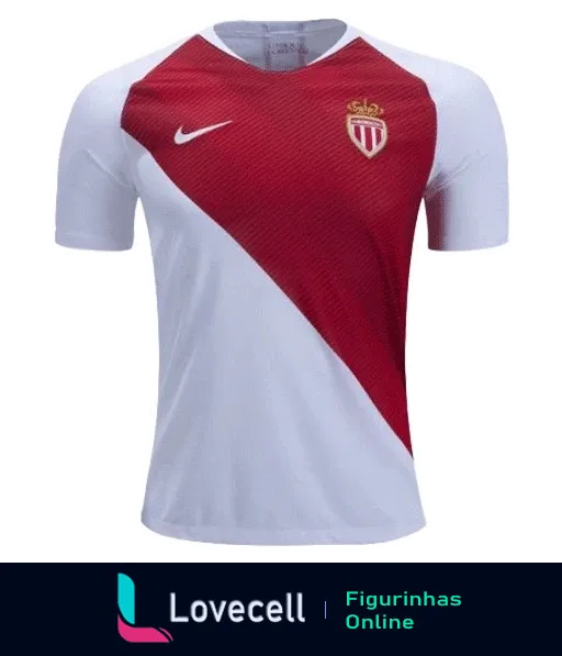 Figurinha da camisa do time AS Monaco com design dividido em branco e vermelho e diagonal, logo da Nike e emblema do clube no peito