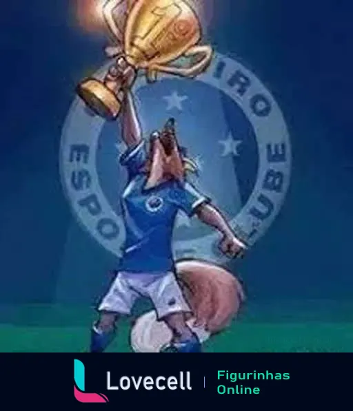 Figurinha de personagem cartoon fantasiado de Raposa, mascote do Cruzeiro, segurando troféu de ouro com escudo do Cruzeiro ao fundo, celebrando vitória