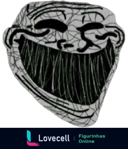 Figurinha de Troll Face com um sorriso sombrio, desenhada com traços escuros e linhas emaranhadas, perfeita para brincadeiras.