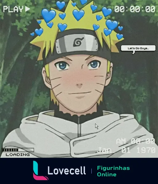 Naruto Amor com corações azuis flutuando sobre a cabeça e a frase Let's Go Guys. Naruto está usando um protetor de testa com símbolo e um casaco branco, apresentado em um estilo de videoclipe retrô.