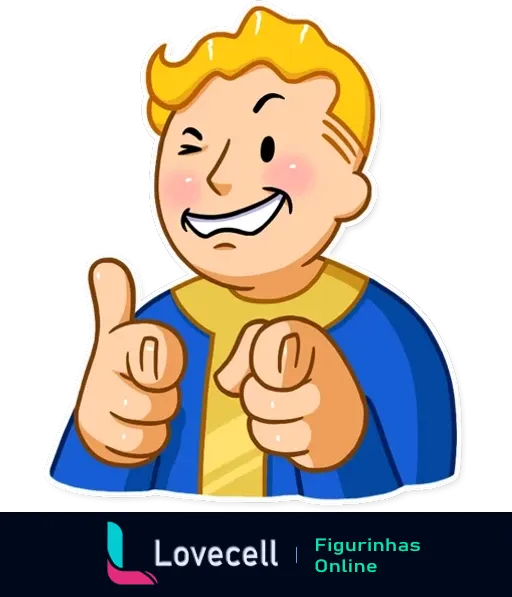 Desenho do personagem Fallout Vault Boy piscando um olho e apontando com os dois dedos, expressão de confiança e otimismo.