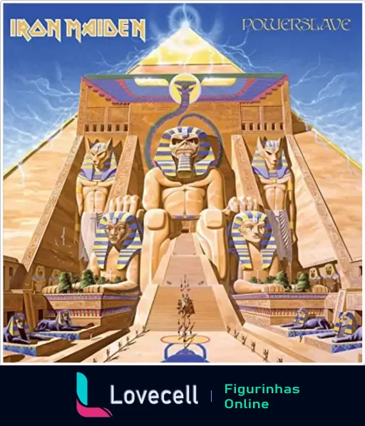 Capa do álbum Powerslave do Iron Maiden com uma pirâmide egípcia e figuras faraônicas. 🎨Iron Maiden cover🎨