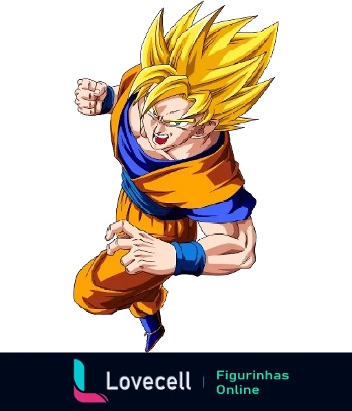 Personagem Goku transformado em Super Saiyajin, com cabelo dourado e olhos verdes, usando uniforme laranja e azul, em pose de ataque vigorosa.