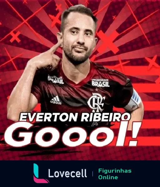 Everton Ribeiro do Flamengo celebrando gol com fundo vermelho e texto 'Gooool!' destacado