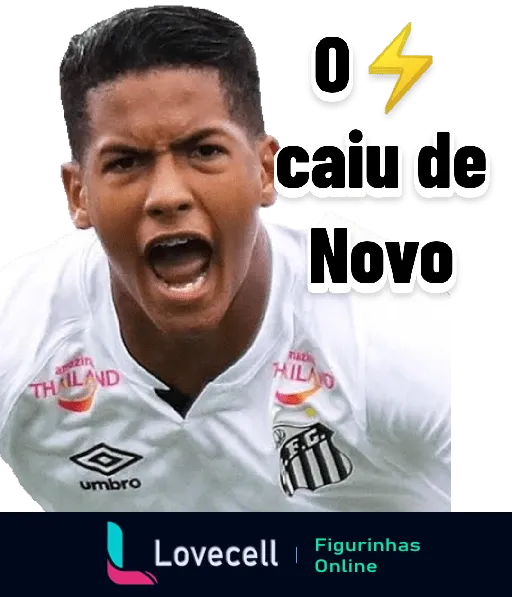 Figurinha do WhatsApp mostrando jogador de futebol do Santos com expressão intensa e o texto 'O CAI DE NOVO' em destaque acompanhado de um emoji de raio