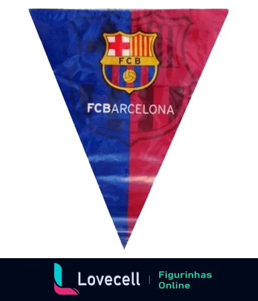 Figurinha de bandeira triangular do FC Barcelona com fundo azul e grená e escudo do clube destacado junto à inscrição 'FCBARCELONA'