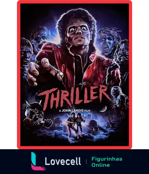 Figurinha de Michael Jackson em Thriller, filme dirigido por John Landis. Ele está cercado por monstros assustadores no fundo.