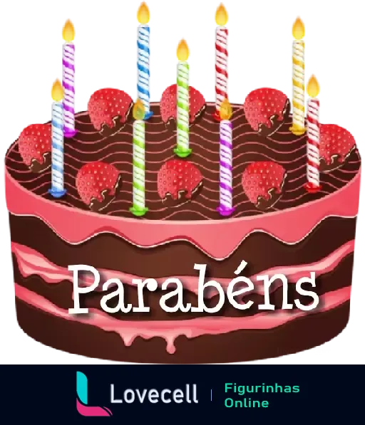 Figurinha de bolo de chocolate com morangos e sete velas coloridas com a palavra 'Parabéns' acima, ideal para aniversários