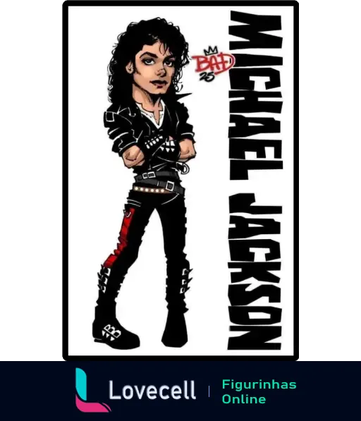 Caricatura de Michael Jackson vestindo roupa preta com detalhes vermelhos em pose icônica do álbum Bad 25.