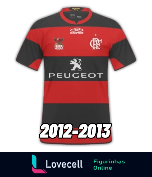 Figurinha de camisa do Flamengo temporada 2012-2013, com listras pretas e vermelhas, logos do Flamengo, Peugeot, Olympikus e patrocínio da Furacão Negra