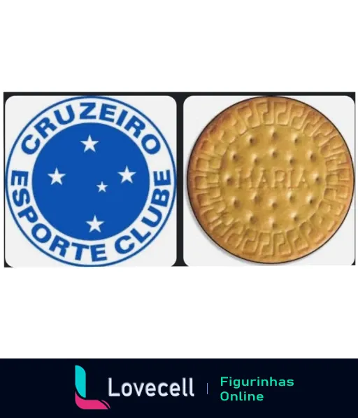 Figurinha com logo do Cruzeiro Esporte Clube à esquerda e biscoito Maria à direita, em comparação visual